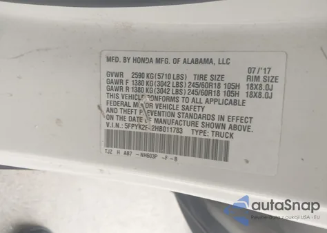 2017 Honda Ridgeline Rts из США, поврежденный, VIN 5FPYK2F42HB011783